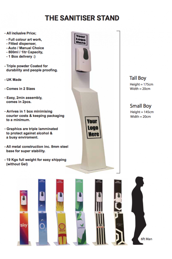 Sanitiser Floor Stand  Touch-free & Bespoke Branded with your Logo