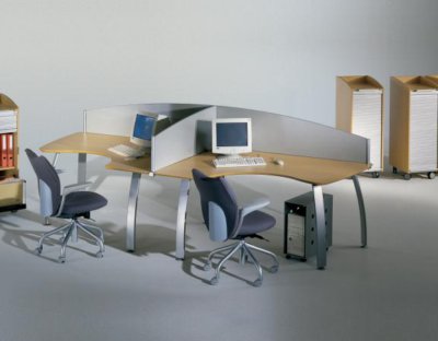 Ultima - Beech Crescent Desks with Silver MFC Screens and Mobile Storage