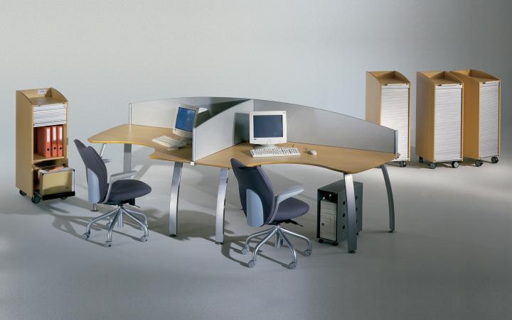 Ultima - Beech Crescent Desks with Silver MFC Screens and Mobile Storage