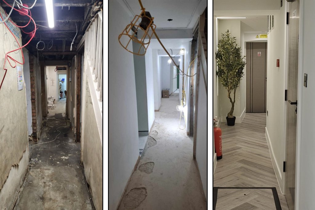 Beresford Clinic corridor before-during-after