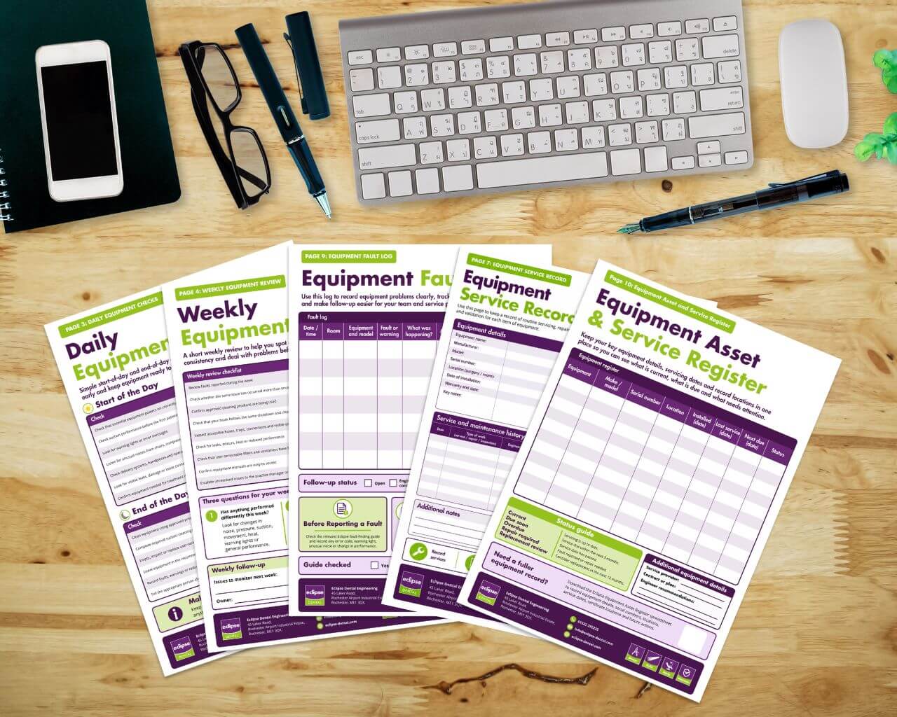 Internal pages of the equipment care and maintenance planner
