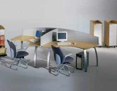 Ultima - Beech Crescent Desks with Silver MFC Screens and Mobile Storage